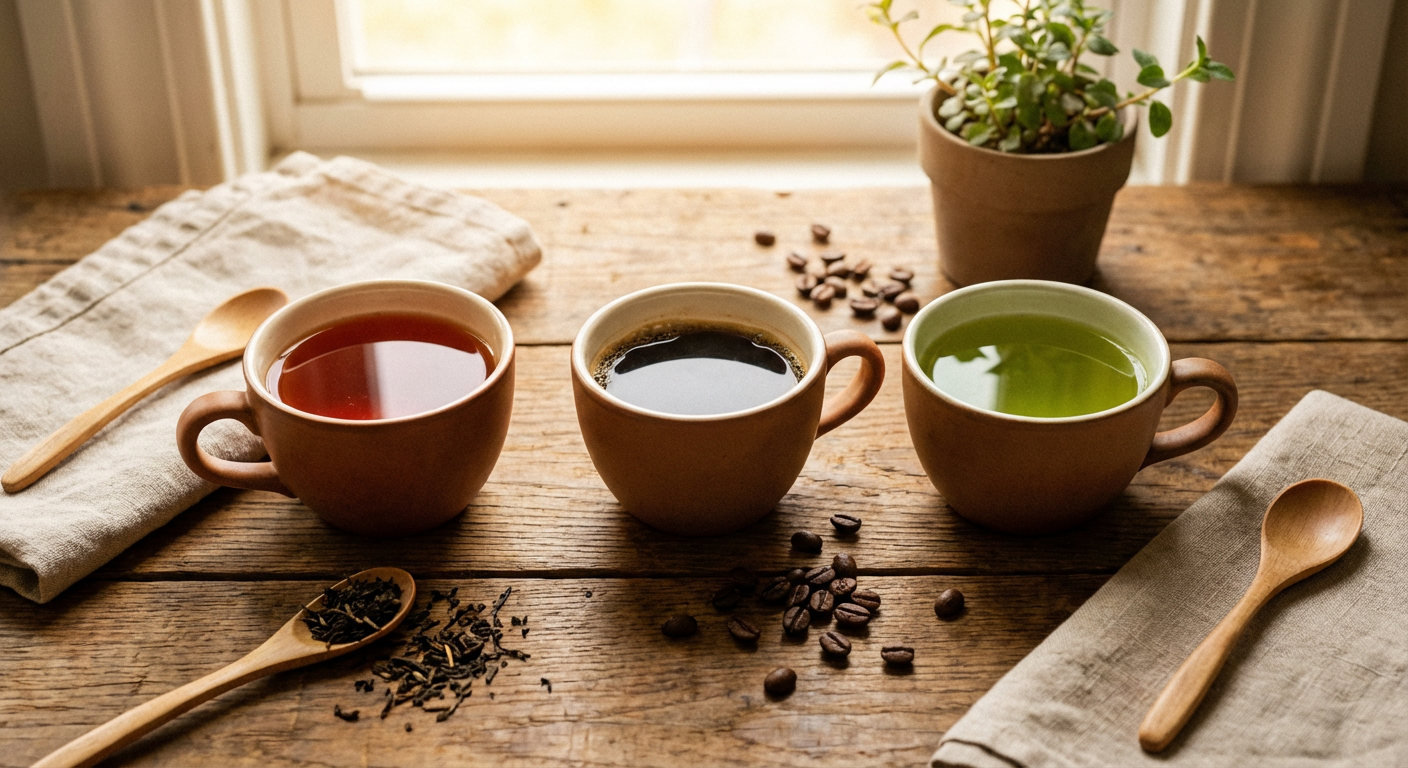 紅茶・コーヒー・緑茶のカップが並んだ比較イメージ