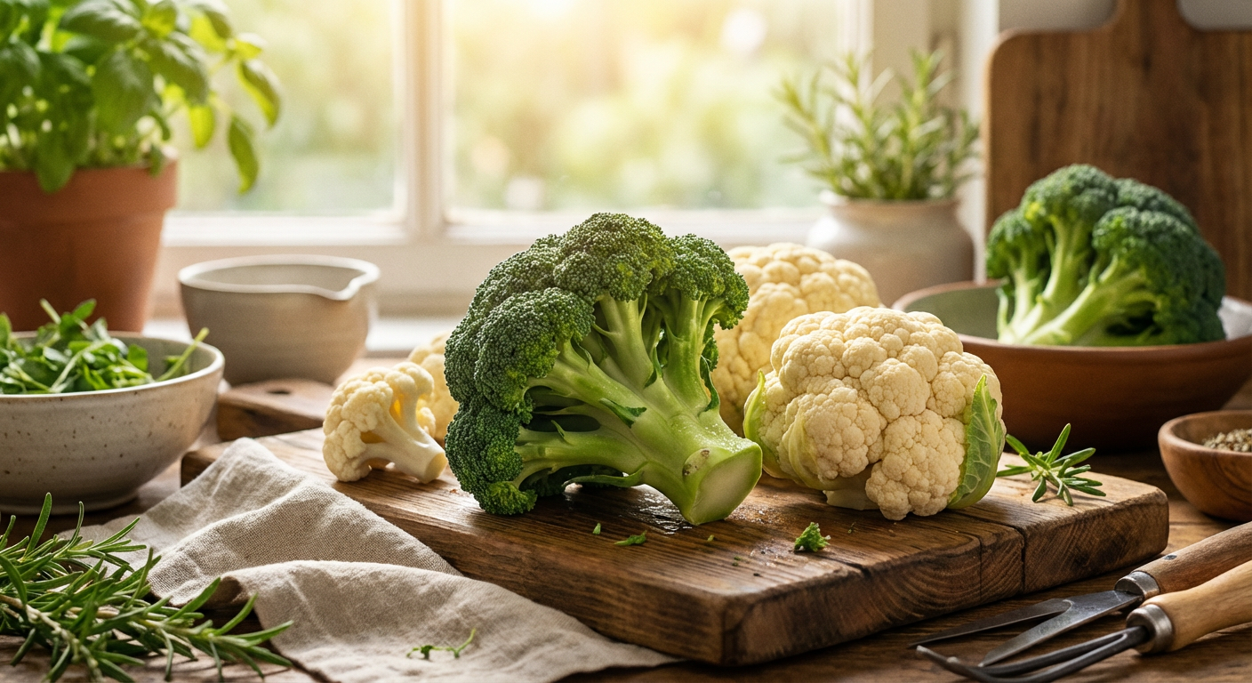 ブロッコリーとカリフラワーの花蕾のアップ