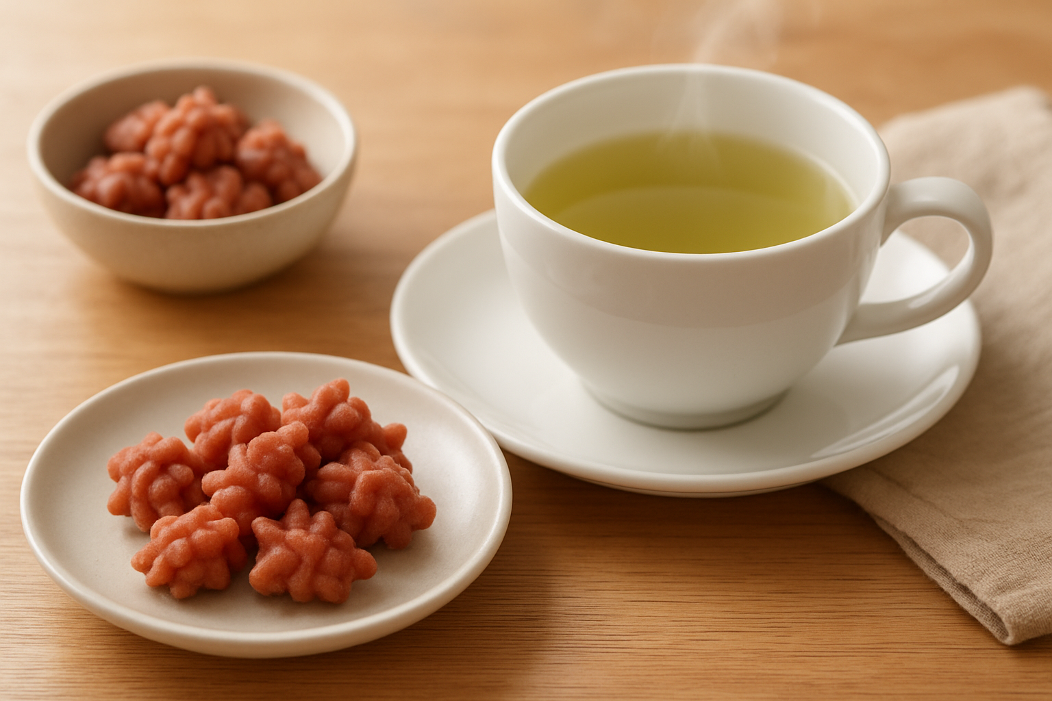 お茶と一緒にチョロギお菓子を楽しむイメージ