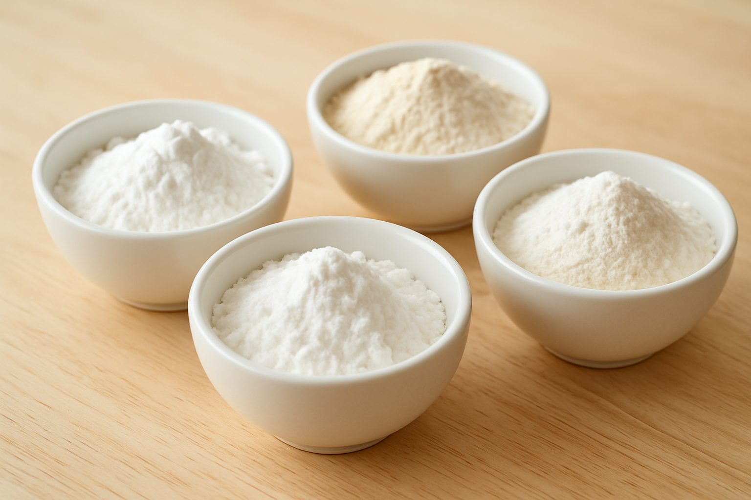 コーンスターチと代用品（片栗粉・薄力粉・米粉など）が並んだイメージ写真