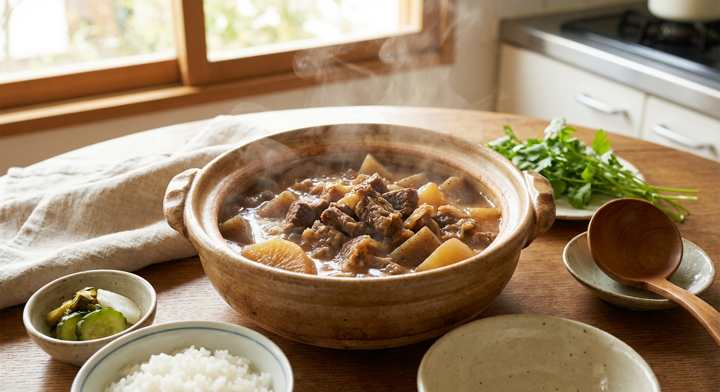 土鍋で煮込まれたどて煮のイメージ写真