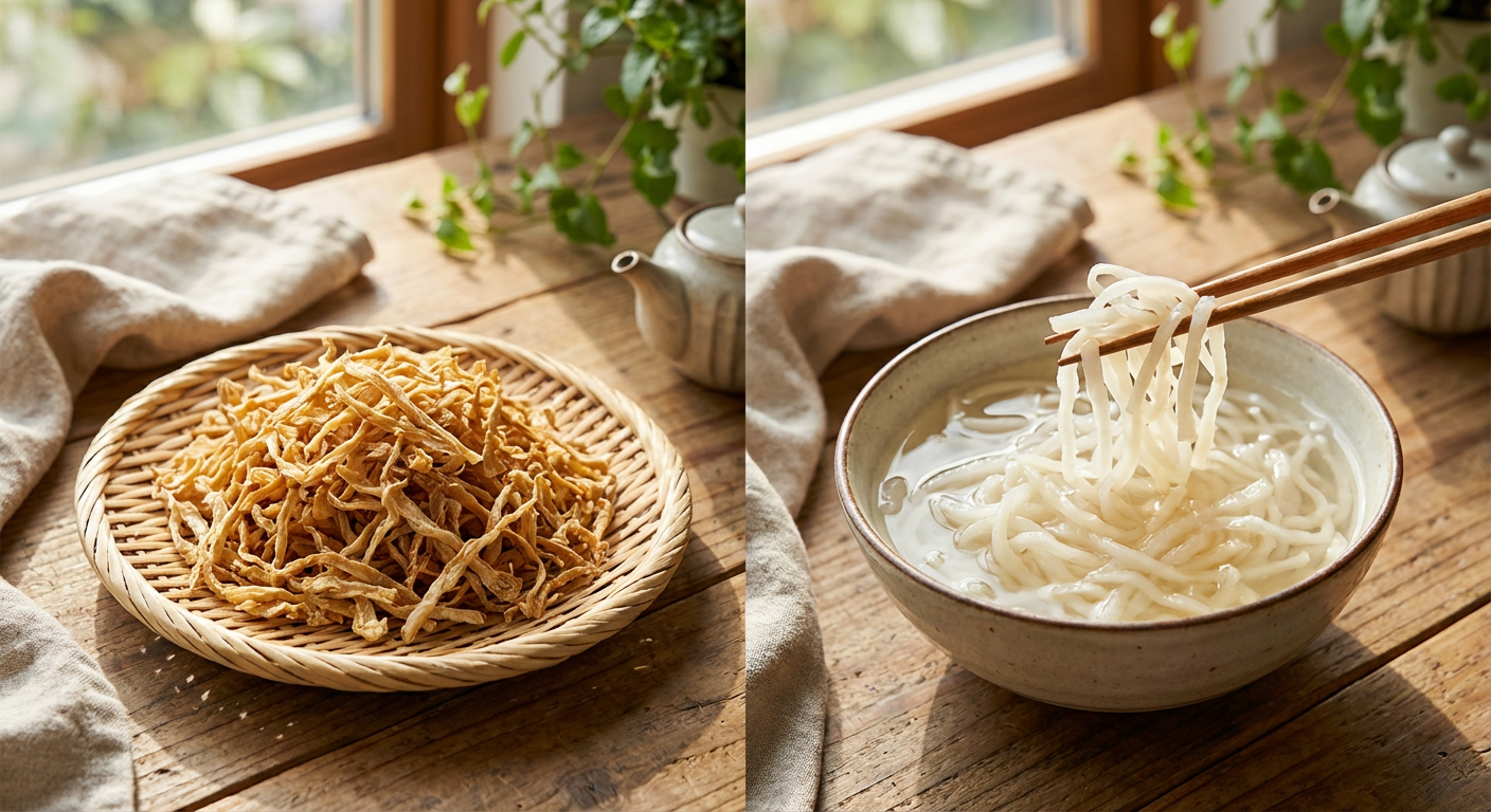 切り干し大根の乾燥状態と水戻し後のイメージ写真