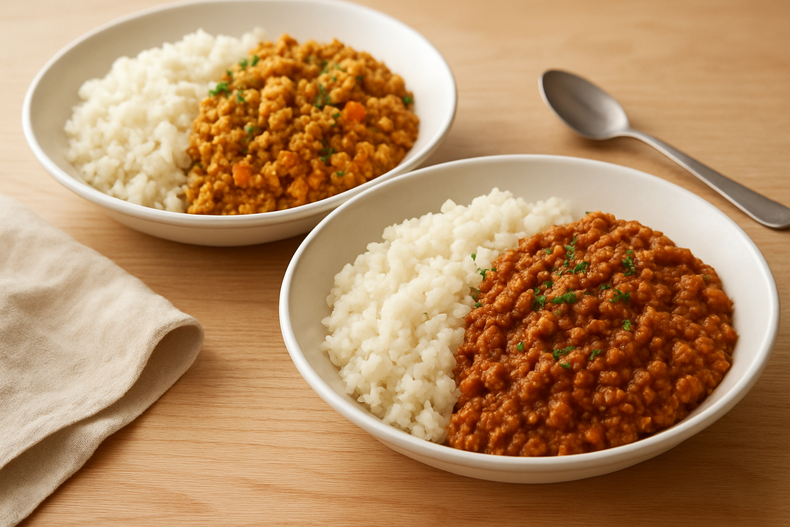 ドライカレーとキーマカレーを並べた写真風イメージ