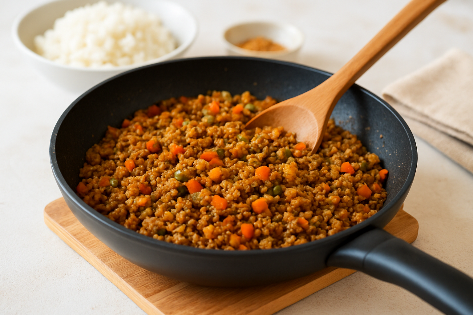 フライパンで調理中のドライカレー