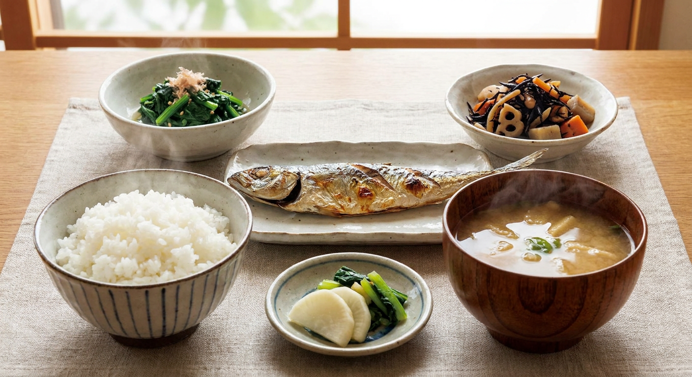 ご飯（左）と味噌汁（右）の配膳イメージ。一汁三菜の俯瞰図