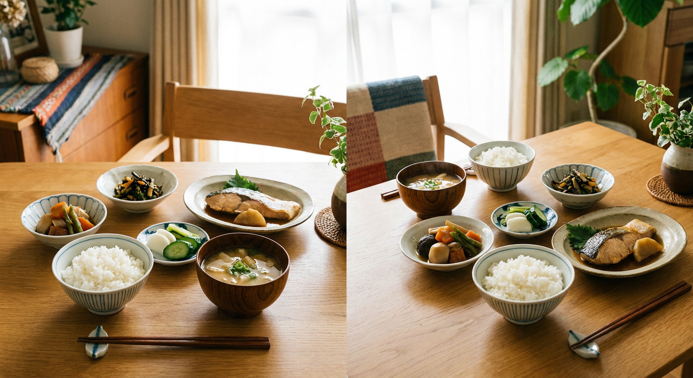 関東と関西の配膳の違いを比較した図