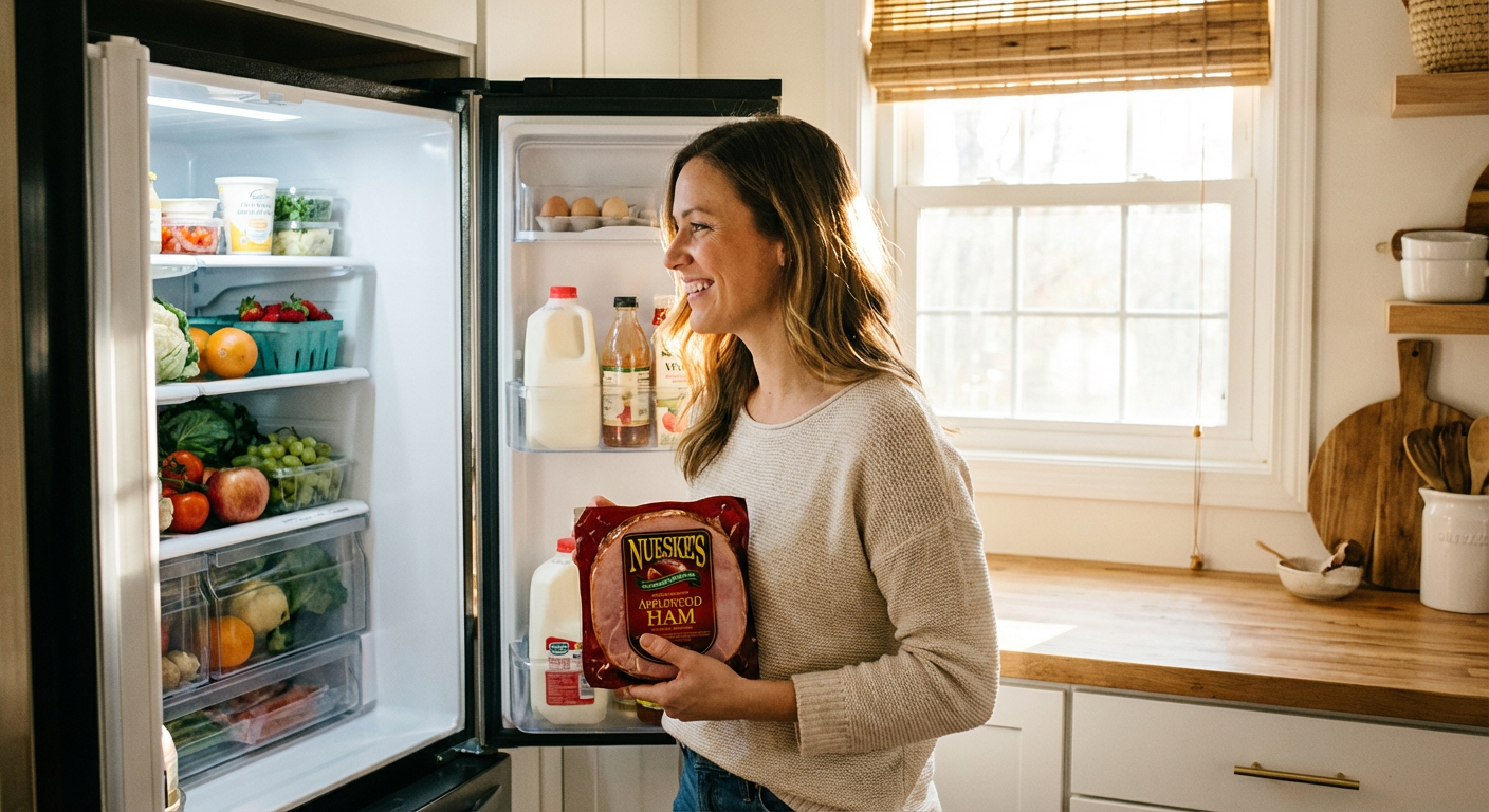 冷蔵庫を開けてハムのパックを手に取る主婦のイメージ写真