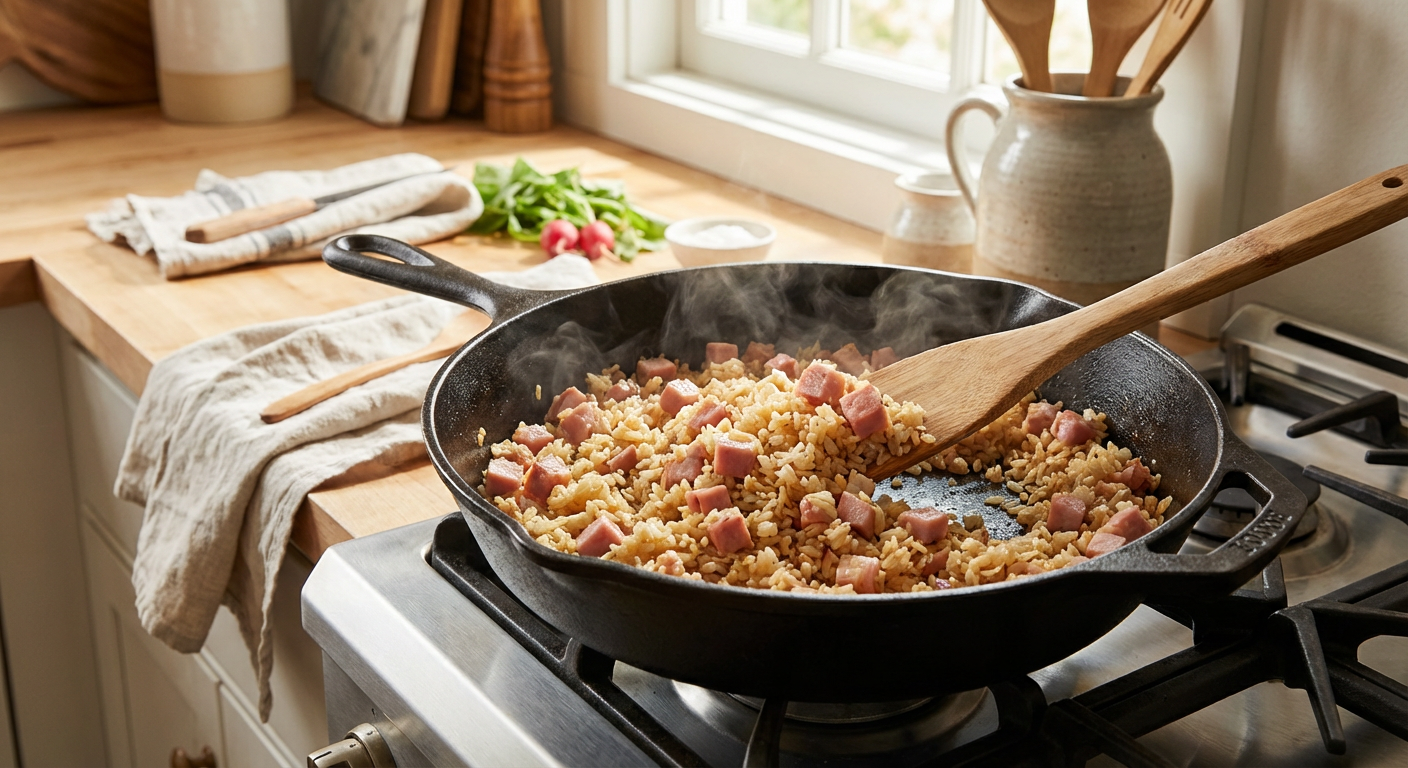 フライパンでハムとご飯を炒めているチャーハンの調理写真