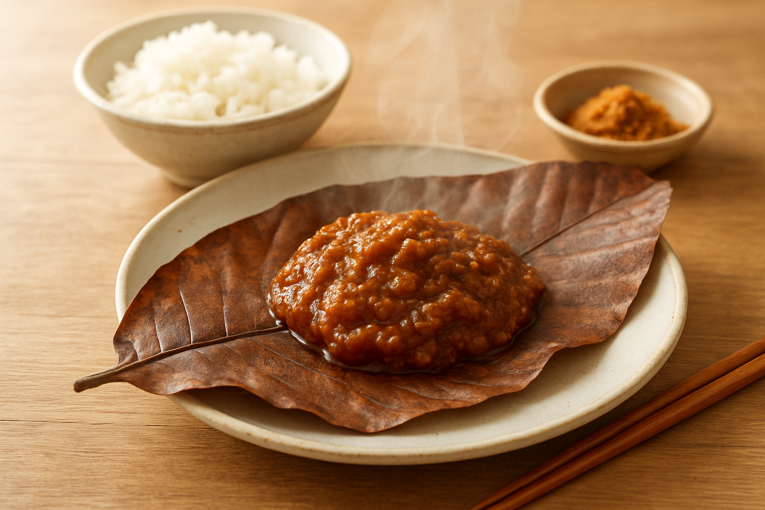 朴葉の上で味噌が焼けている朴葉味噌の調理イメージ