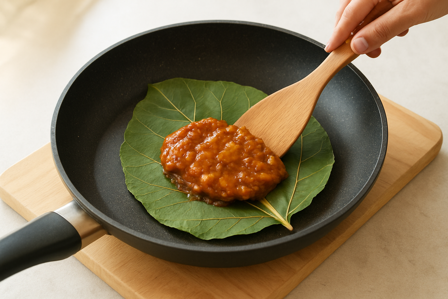フライパンで朴葉味噌を焼いている調理工程の写真