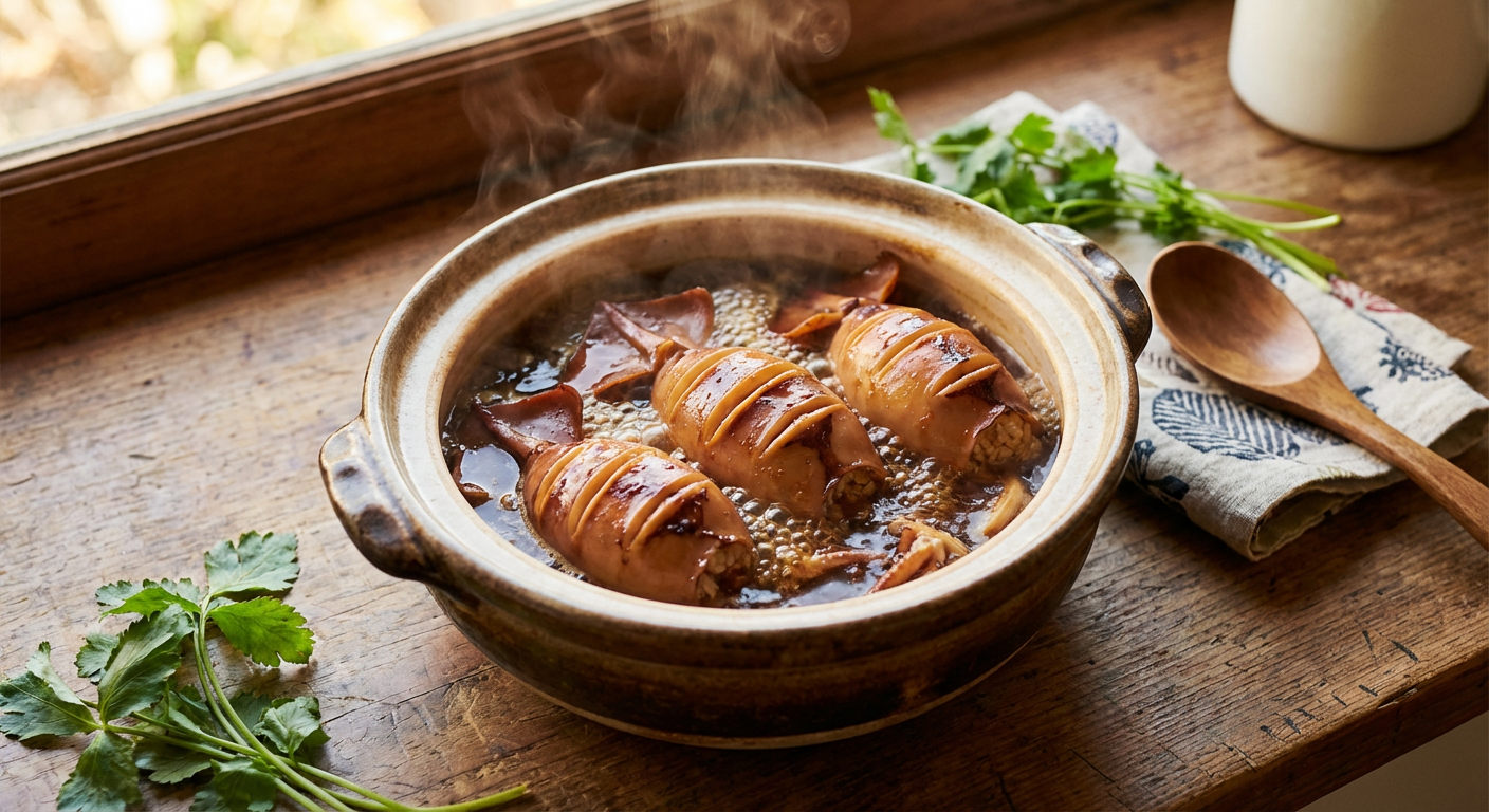 鍋でいかめしを煮込んでいる様子