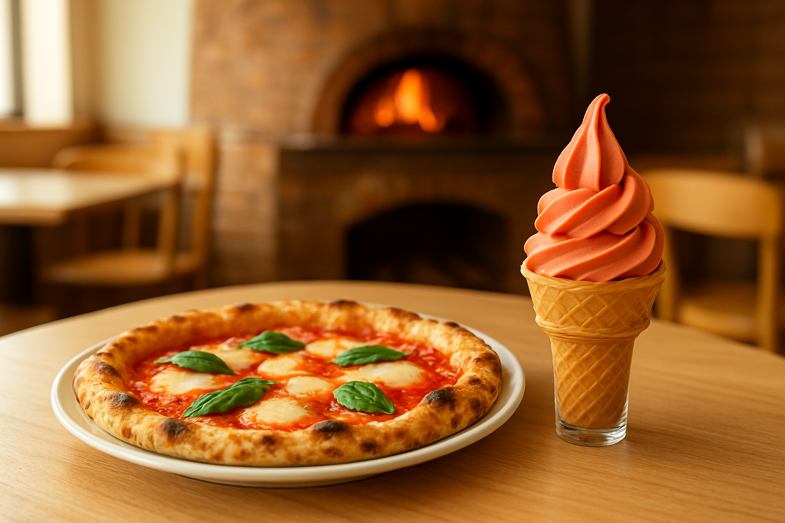レストランの薪窯ピッツァやトマトソフトクリームのイメージ