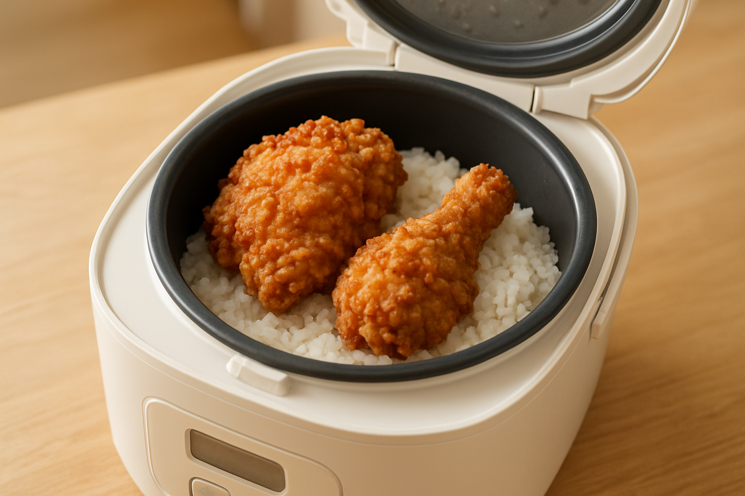 炊飯器にケンタッキーチキンとお米がセットされている様子