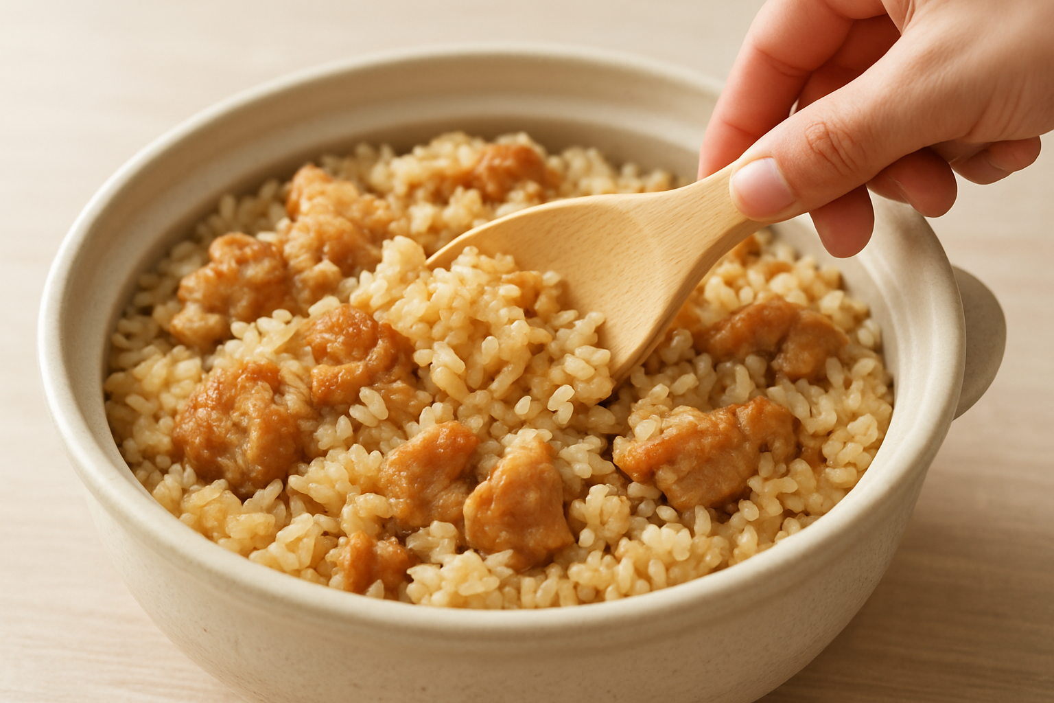 炊き上がったケンタッキー炊き込みご飯をしゃもじでほぐしている様子