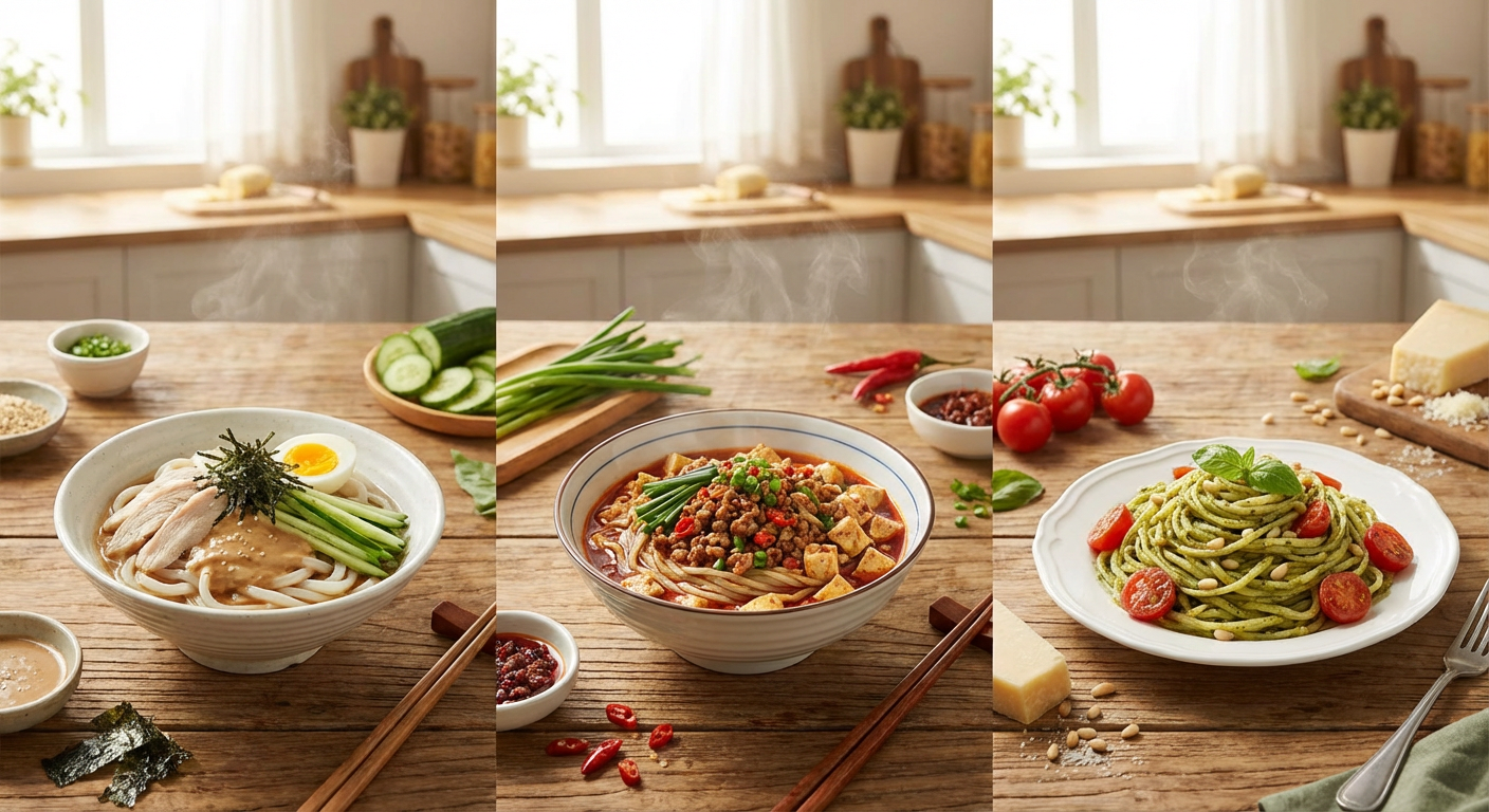 こんにゃくの麺を使ったアレンジ料理3種類（和風・中華風・洋風）のイメージ写真