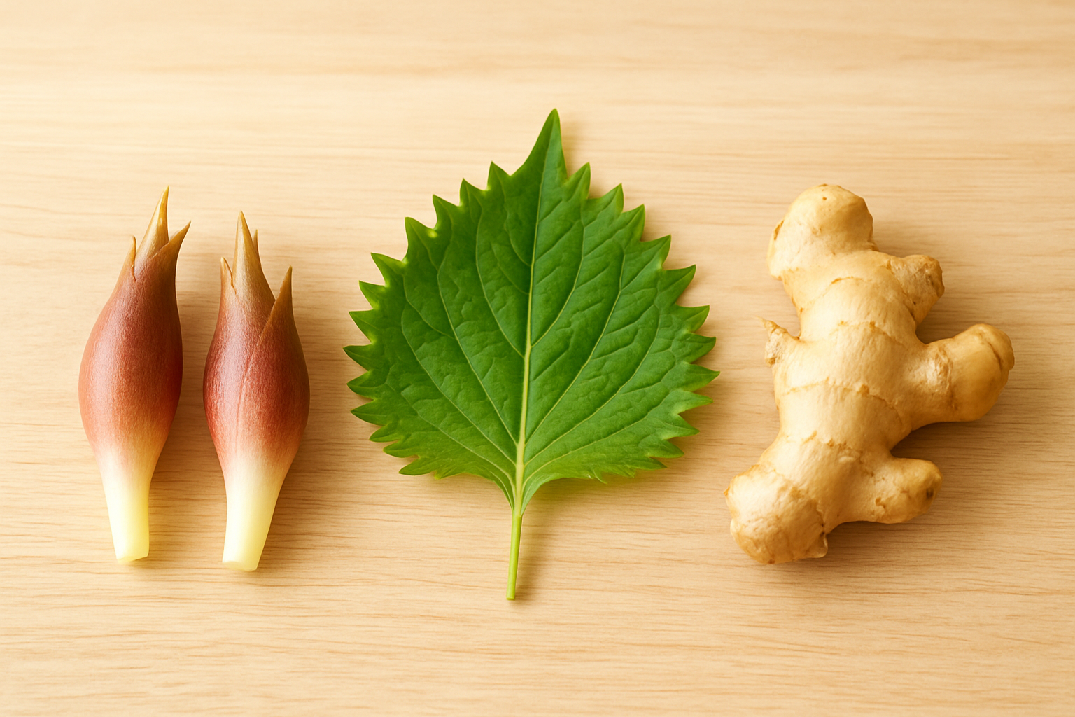 ミョウガ・大葉・生姜を並べた薬味三種