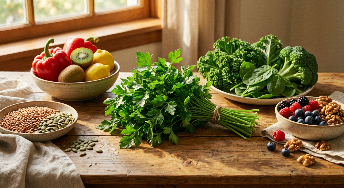 パセリの束と主要栄養素を並べたイメージ
