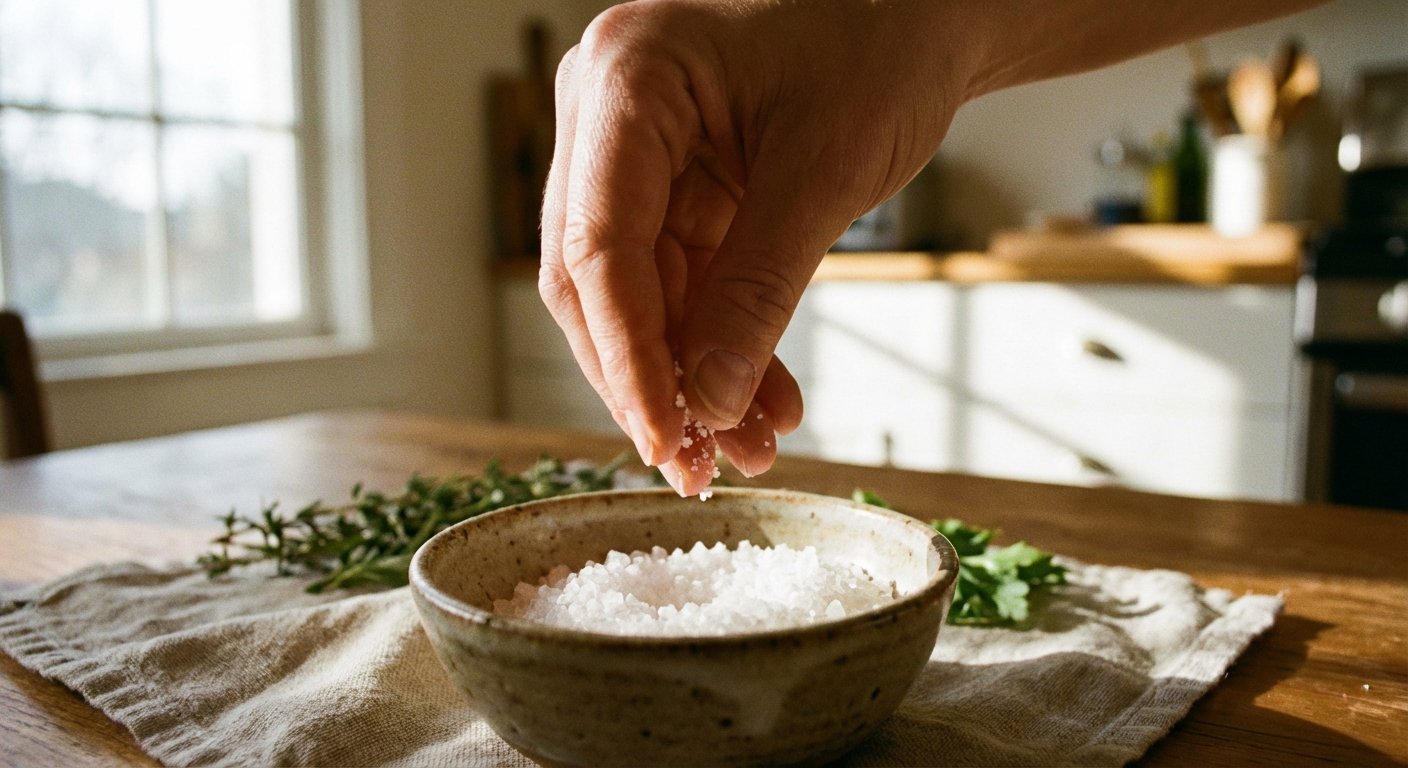 指で塩をつまむ手元のイメージ写真