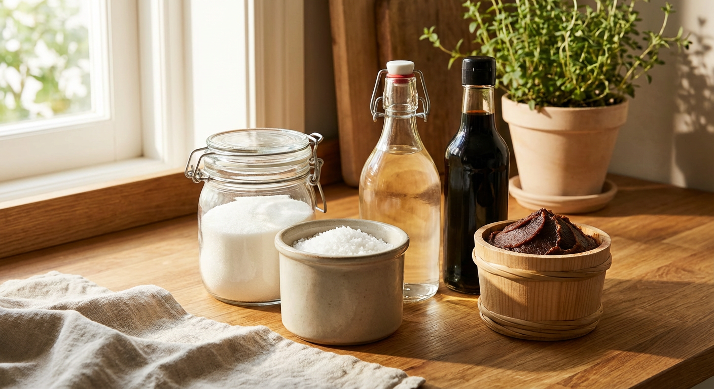 砂糖・塩・酢・醤油・味噌の5つの調味料が並んだ写真