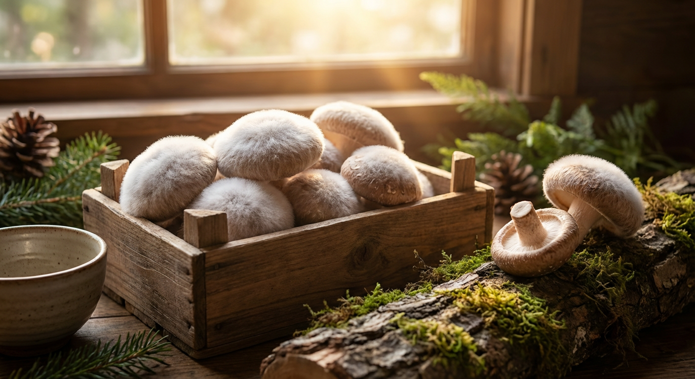 シイタケの白いふわふわ（気中菌糸）のイメージ写真