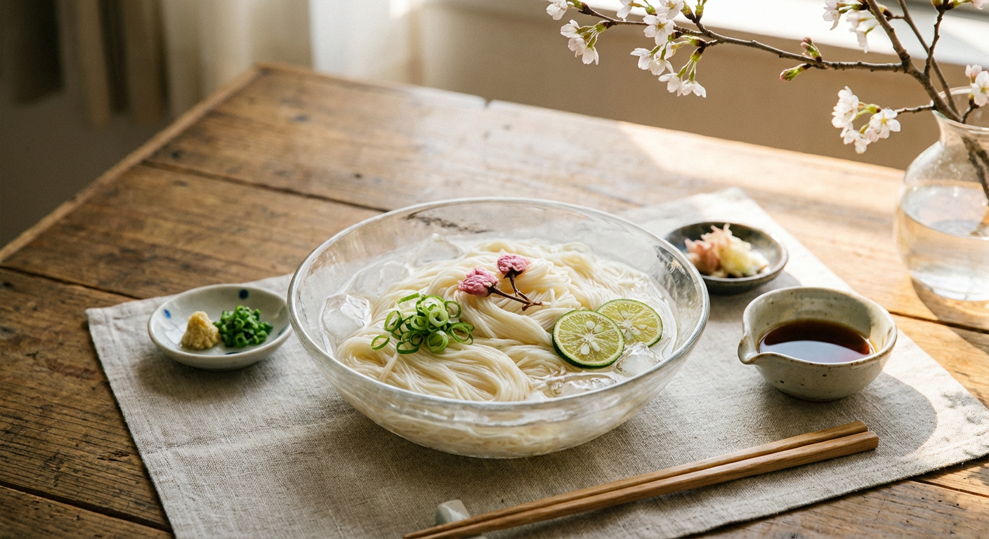 ガラスの器に盛られたそうめんのイメージ写真