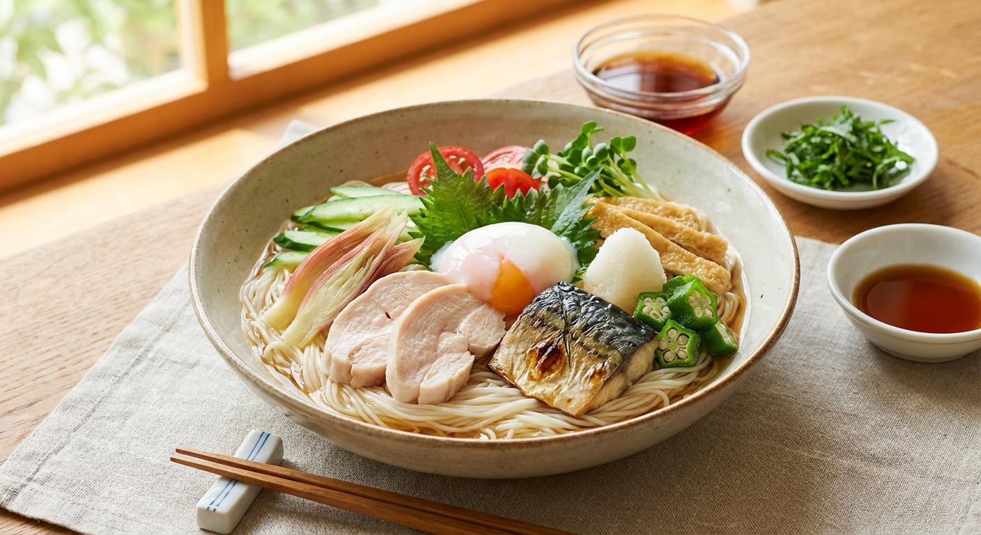 たんぱく質と野菜をのせたそうめんの完成イメージ