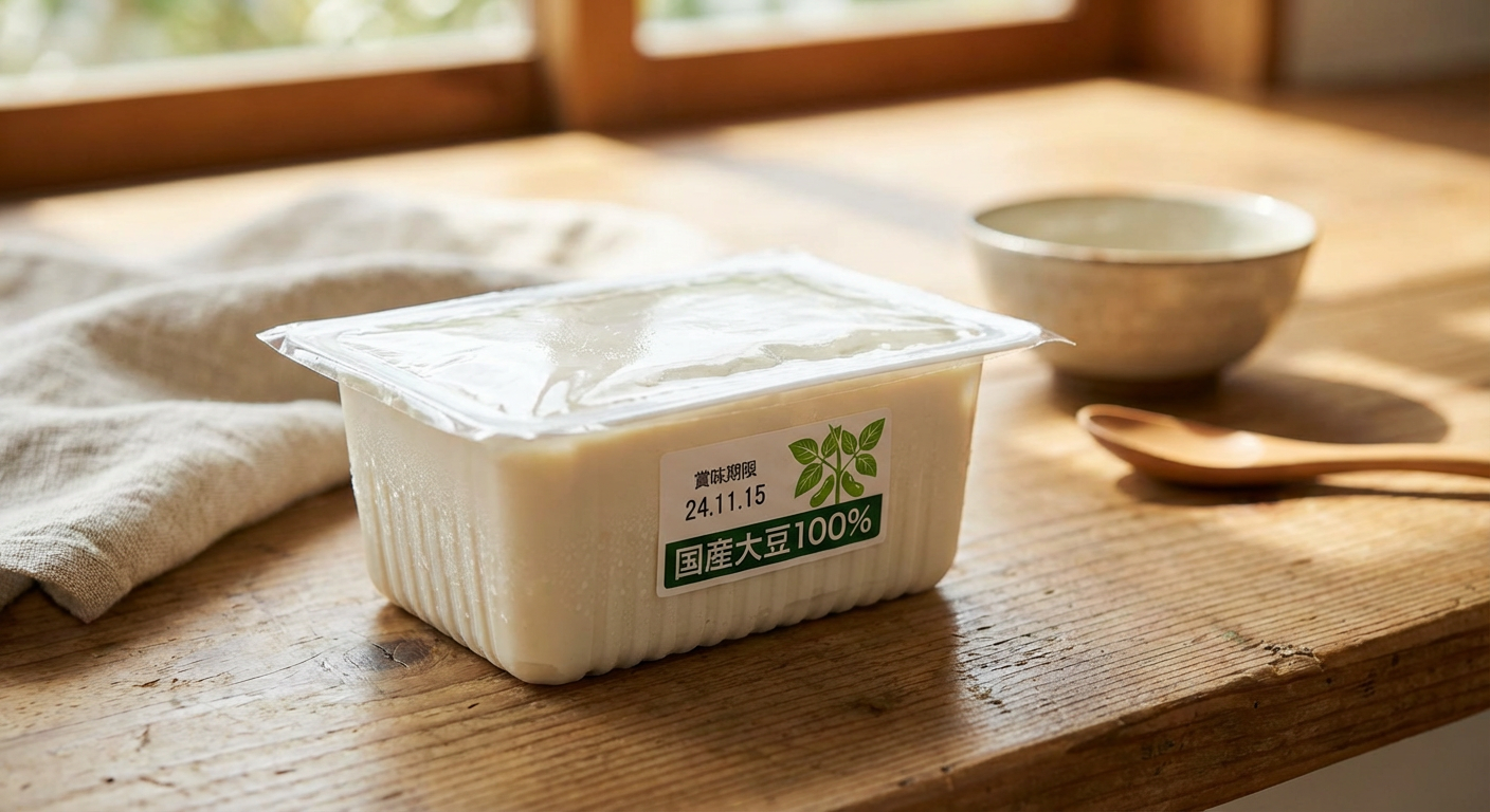 冷蔵庫から出した豆腐のパックと期限表示のイメージ写真