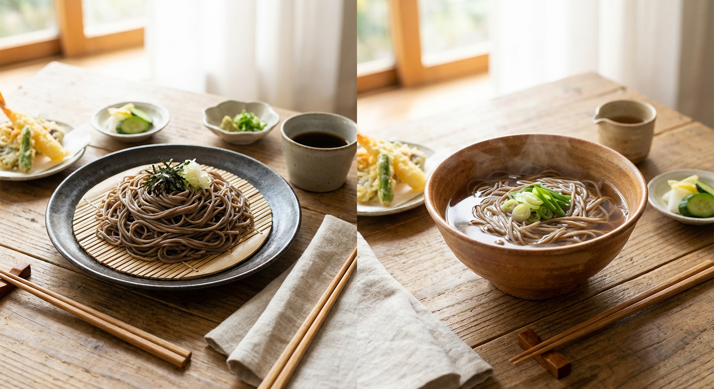 冷たいそばと温かいかけそばの比較イメージ