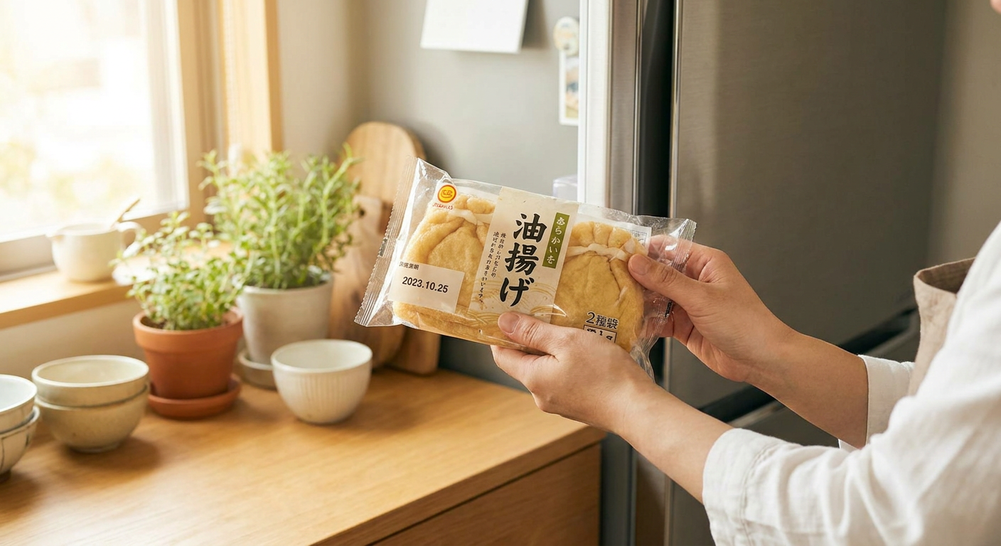 消費期限切れの油揚げを冷蔵庫から取り出して確認している様子
