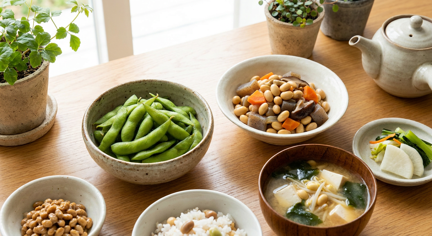 枝豆と大豆を使った料理（茹で枝豆・五目豆・味噌汁など）の盛り合わせ