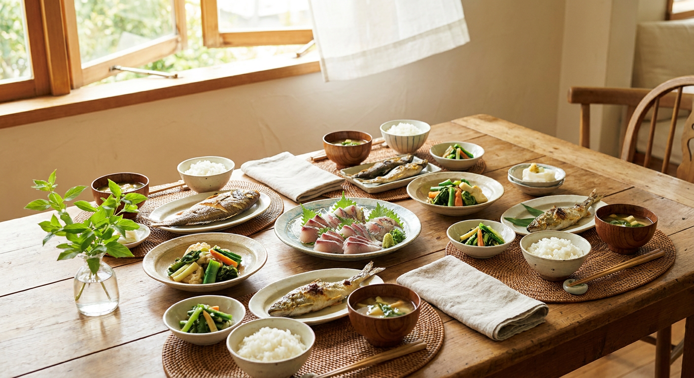 6月の魚介類（イサキ・アジ・アユなど）が並んだ初夏の食卓イメージ