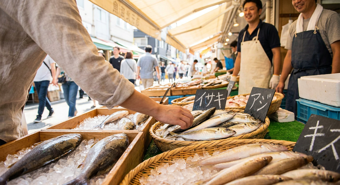 店頭に並ぶ鮮魚（イサキ・アジ・キス）の選び方をイメージさせる写真
