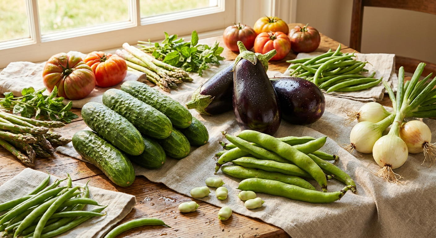 6月の旬野菜を並べたイメージ写真（きゅうり・なす・そらまめなど）