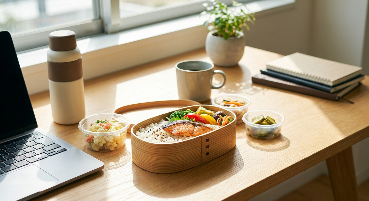 オフィスのデスクに届けられた社食のお弁当やお惣菜のイメージ写真