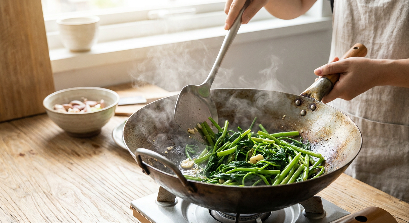 空芯菜を中華鍋で炒めている調理シーン