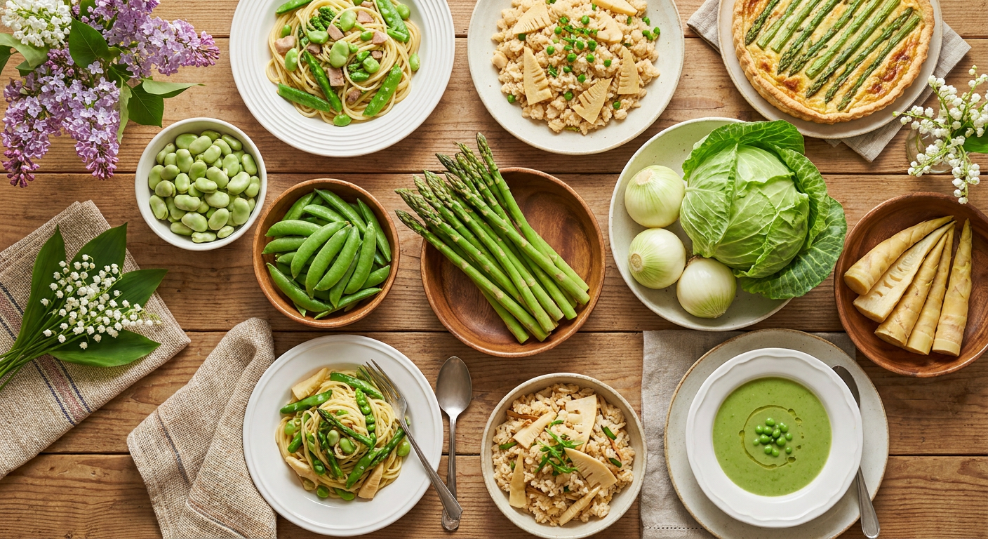 5月の旬の野菜が並ぶ食卓のイメージ写真