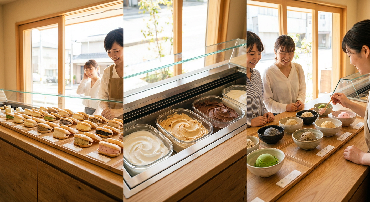 モナカアイス・高脂肪アイス・和素材アイスを並べた明るい売り場のイメージ写真