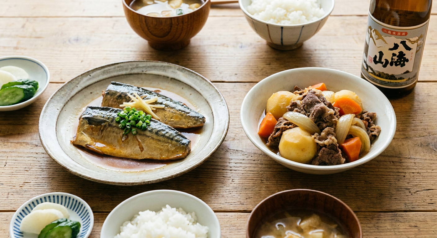 魚の煮付けや肉じゃがなど、日本酒を使った和食料理の写真