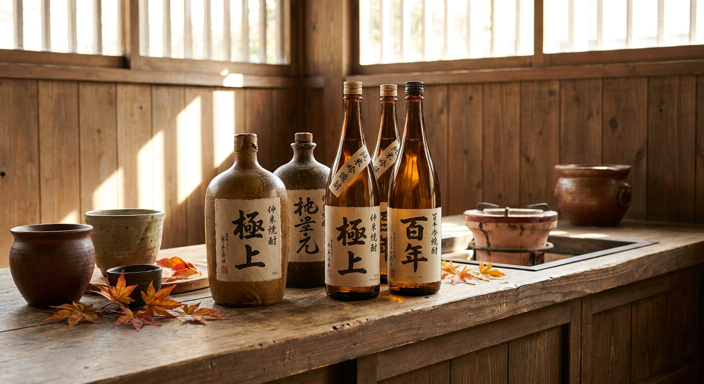 希少な芋焼酎の瓶が並ぶ和の演出のイメージ写真