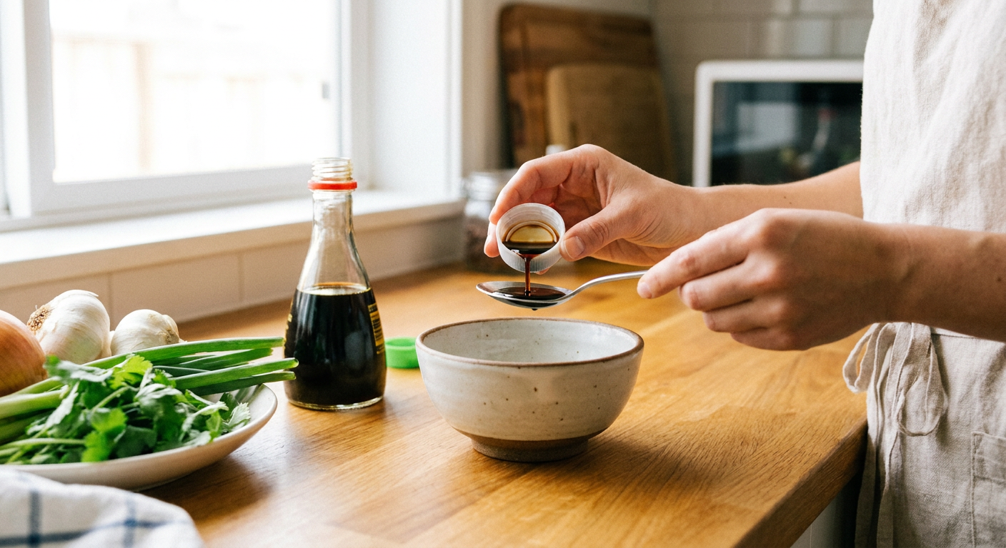 ペットボトルキャップで醤油を量っているイメージ