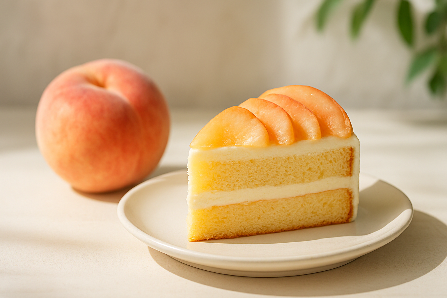 みずみずしい桃と桃のケーキを並べた明るいライフスタイル写真
