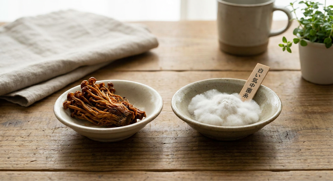 茶色く変色したえのきと白い気中菌糸を見比べるイメージ