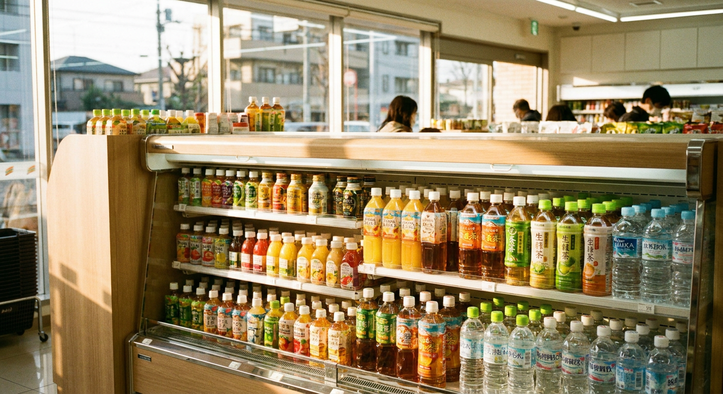 コンビニの冷蔵棚に並ぶペットボトル飲料のイメージ