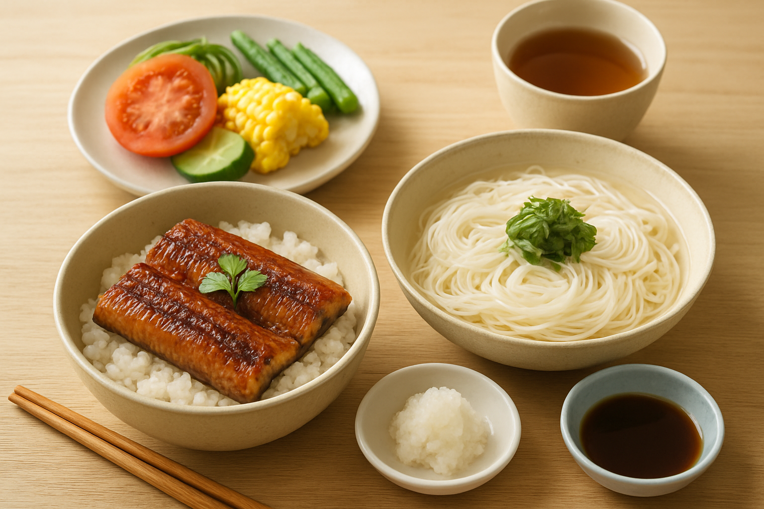 うなぎ・そうめん・夏野菜など7月の行事食を並べたイメージ
