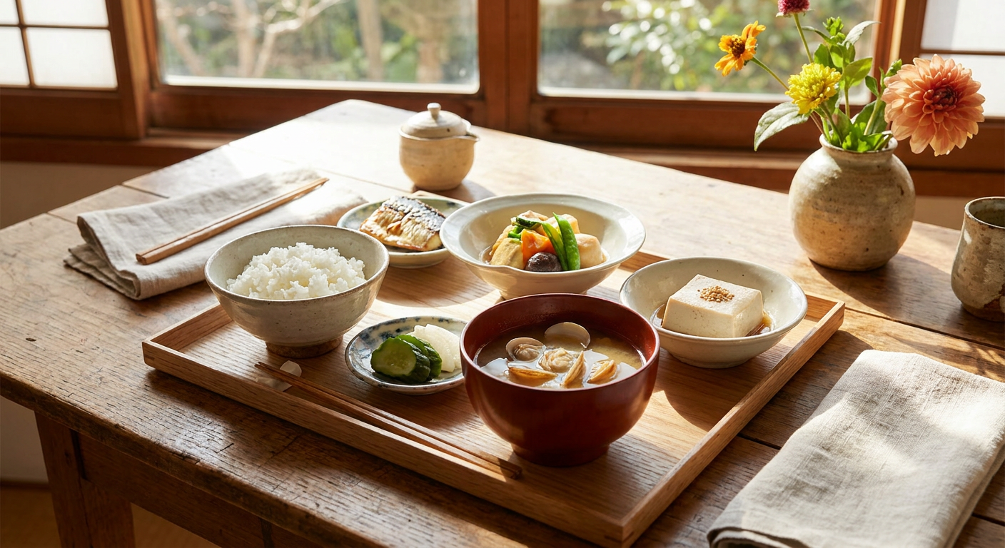懐石料理の一汁三菜を盛り付けた和食膳の写真（明るめ・ライフスタイル感）