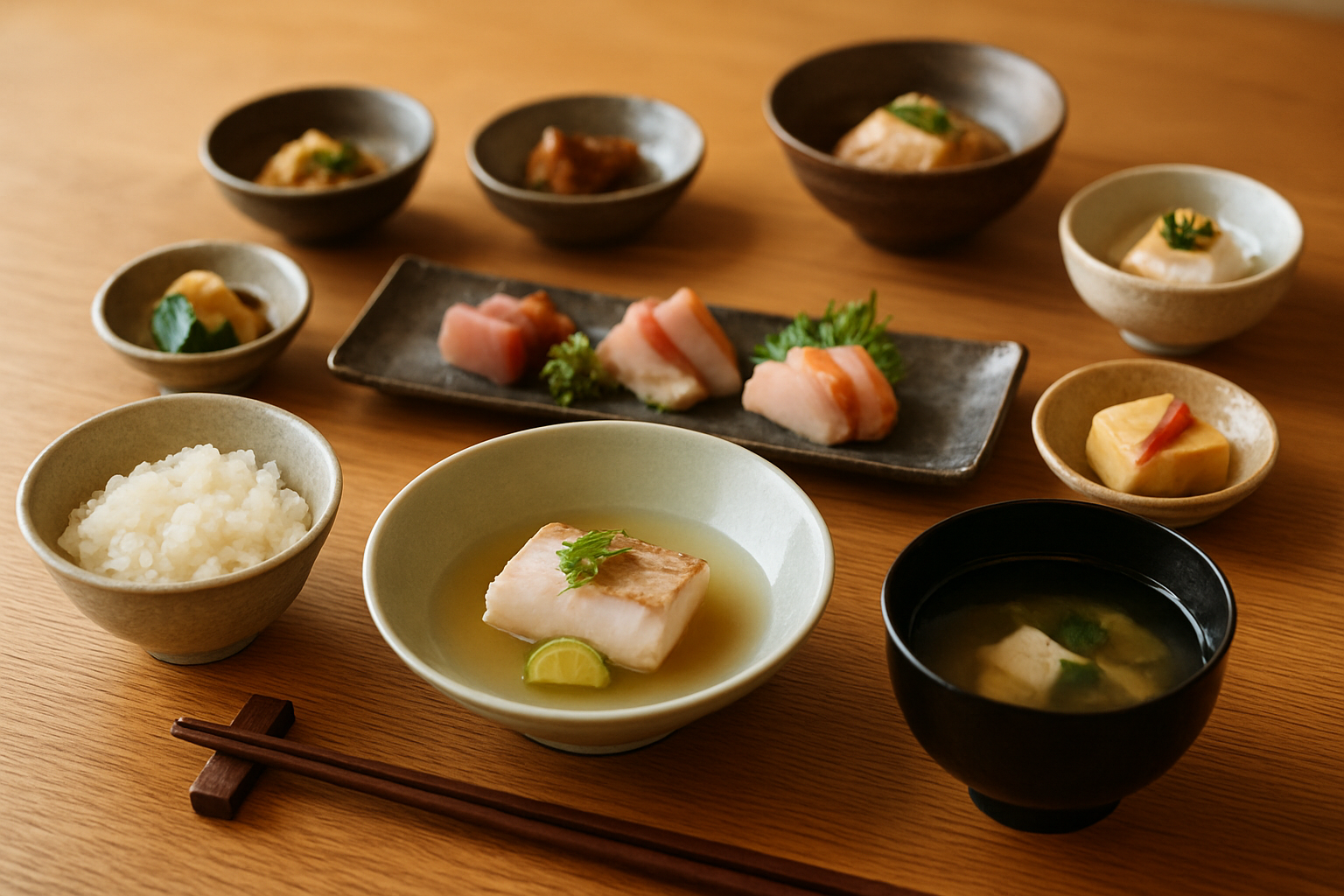 懐石料理のコースが順番に並んだイメージ写真（落ち着いた和の雰囲気）