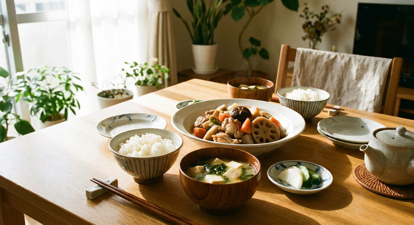 食卓に並んだ和食の家庭料理（ご飯・味噌汁・煮物）のイメージ写真
