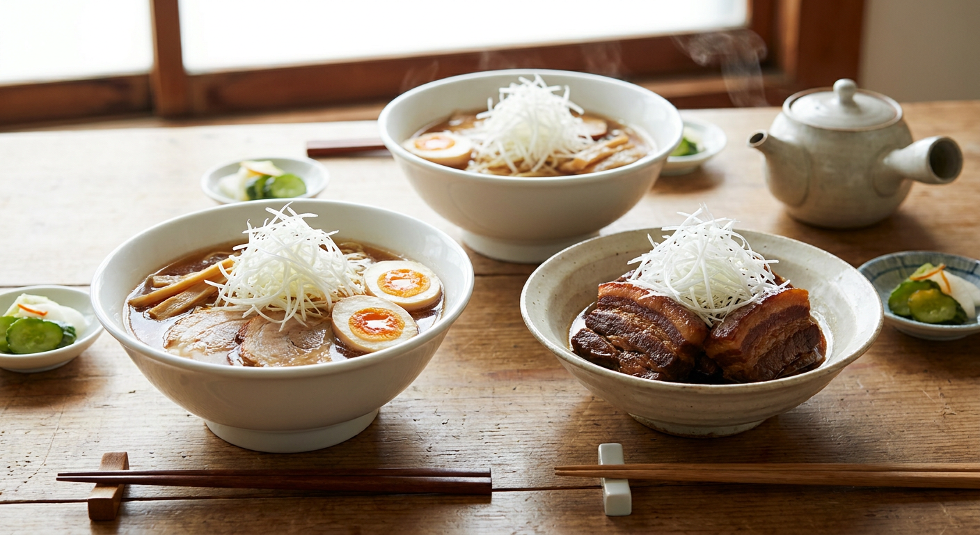 ラーメンや角煮に白髪ねぎをのせた仕上がりイメージ