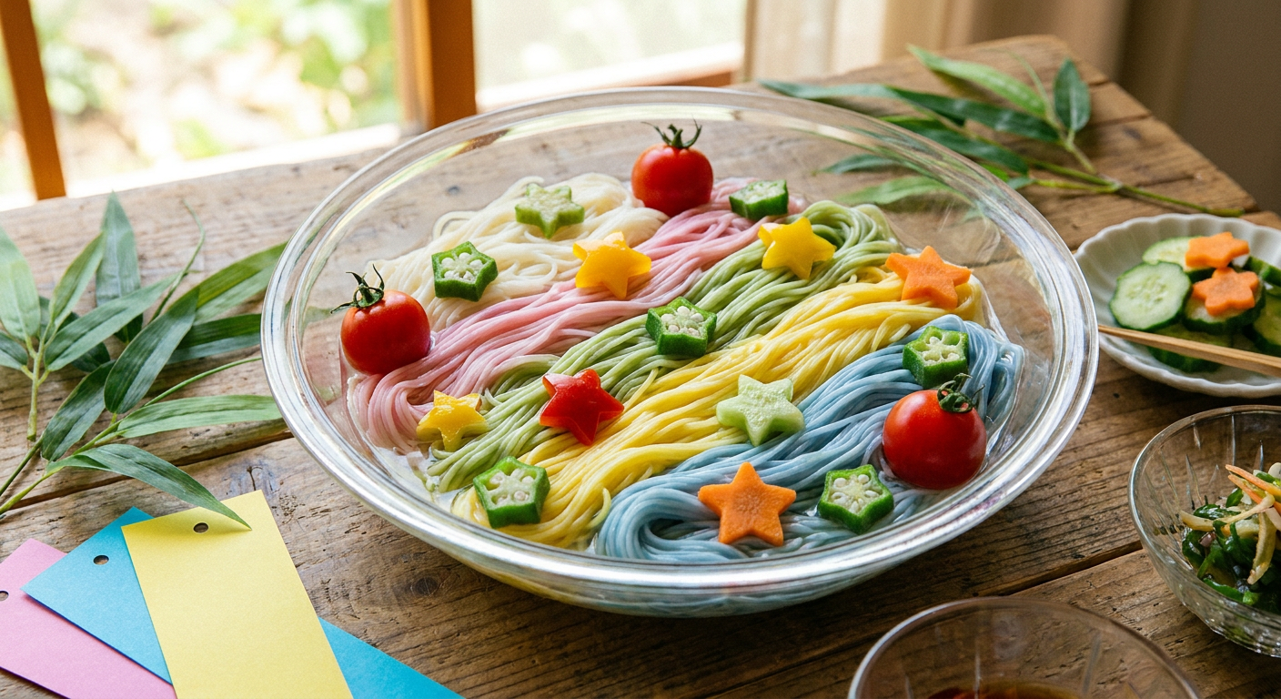 星形の野菜やトマトを飾った七夕そうめんの盛りつけ例
