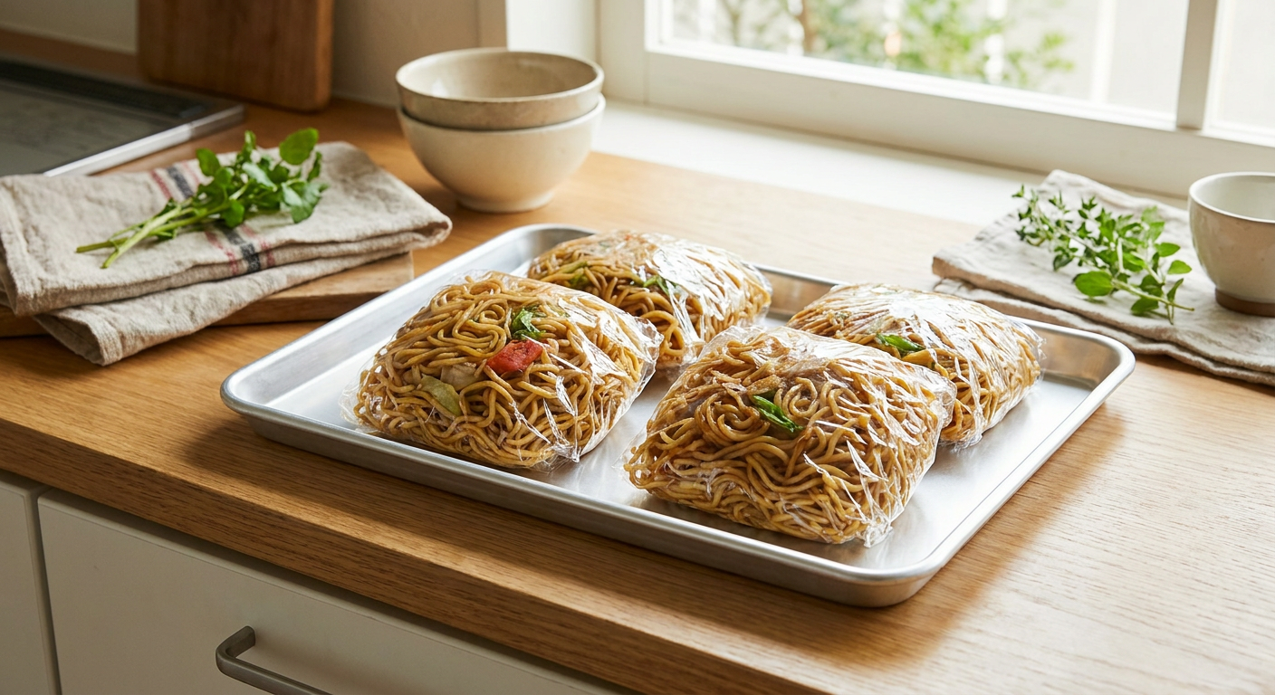 ラップで包んだ焼きそば麺を金属トレイにのせた様子